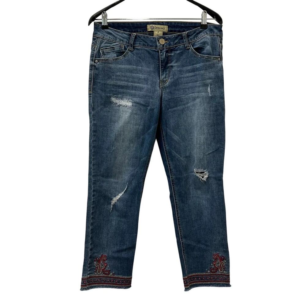 Democracy Slim Straight Flood Jeans Womens 8 Blue Distressed Embroidered Crop